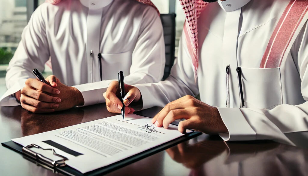 DALL·E 2024-11-12 13.03.01 - Two Saudi Muslims signing a lease contract in a modern office. Both men wear traditional Saudi attire, including white thobes and ghutras. They are fo