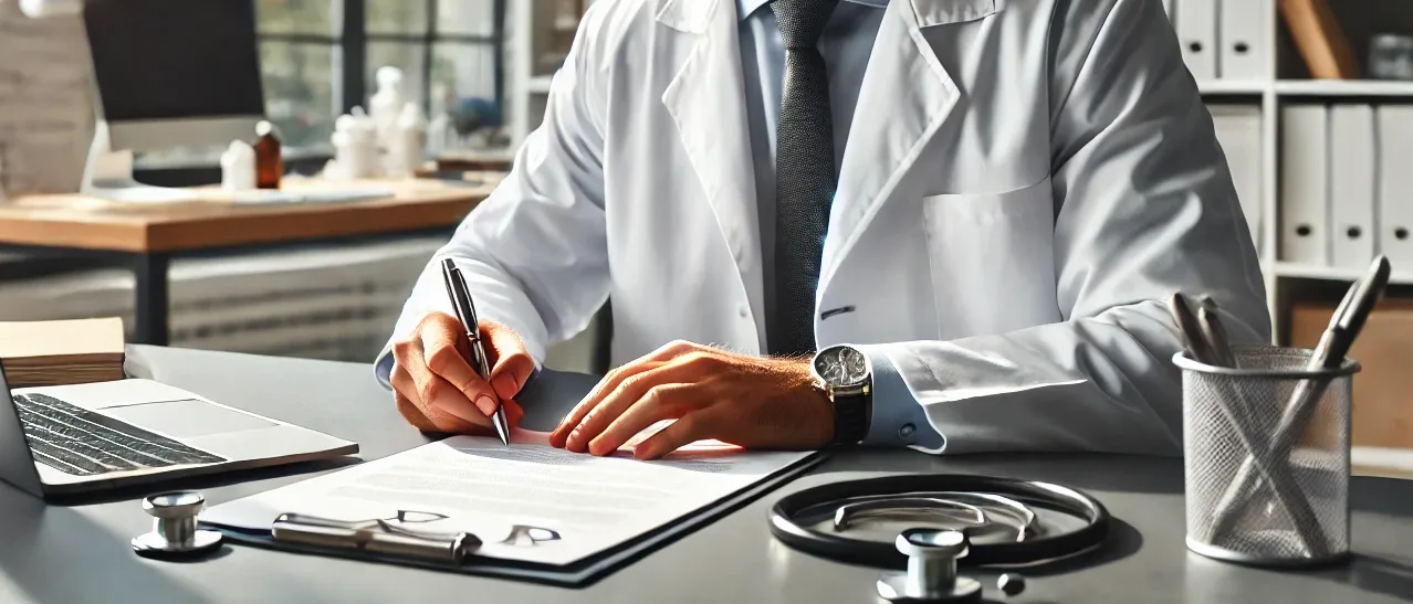 DALL·E 2024-12-05 14.05.37 - A professional doctor in a white coat, sitting at a desk in a modern medical office, writing a prescription with a pen on a piece of paper. The settin